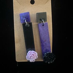 Purple and Black Floral Drop Earrings